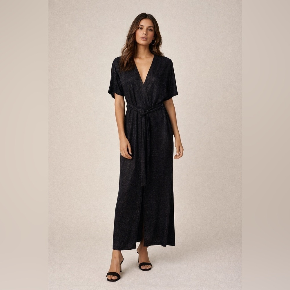 FRNCH Alex black metallic jumpsuit with a tie waist and faux wrap V-neck S